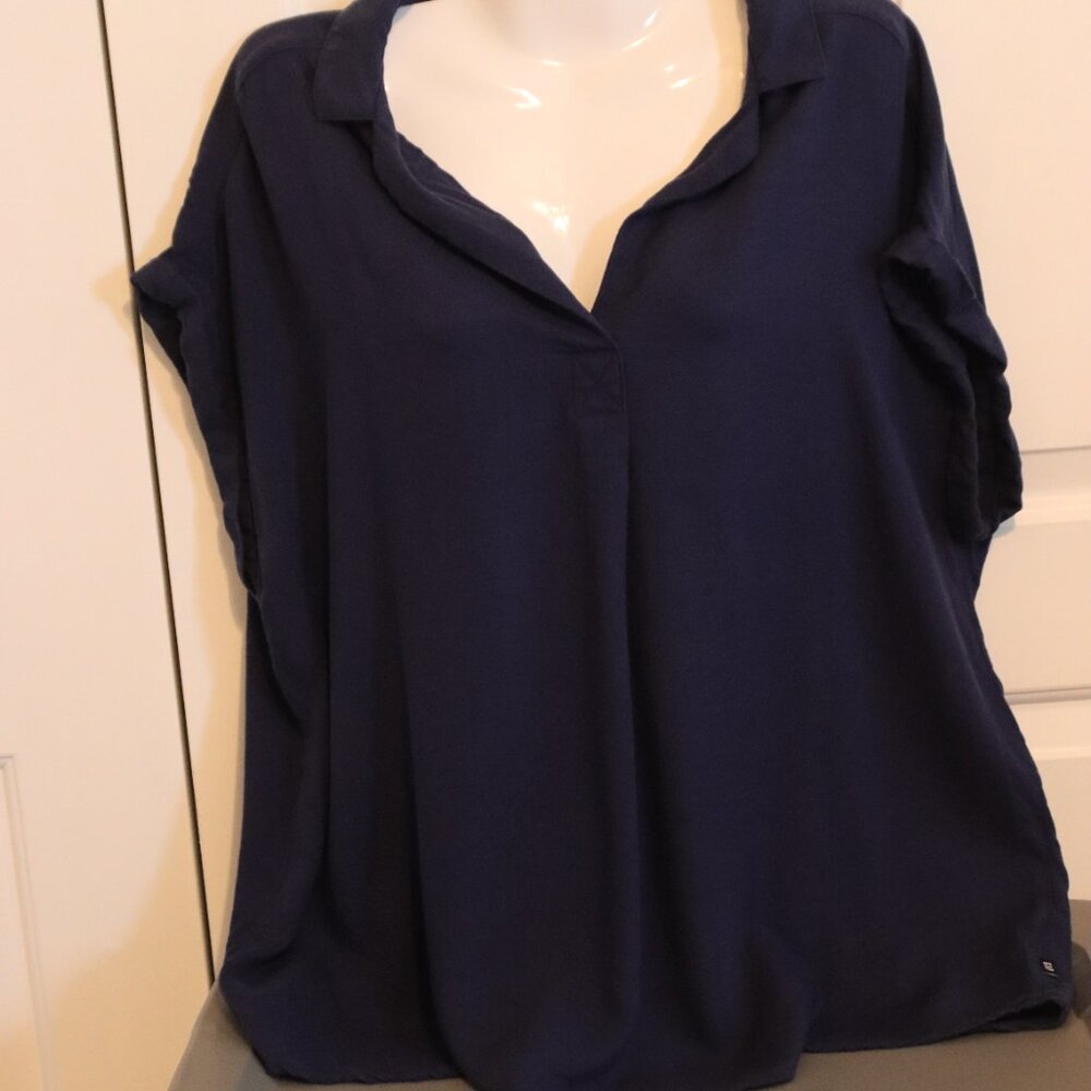 Gap Rayon/lyocell Short Sleeve Blue Lightweight Collared V-Neck Blouse Size XL